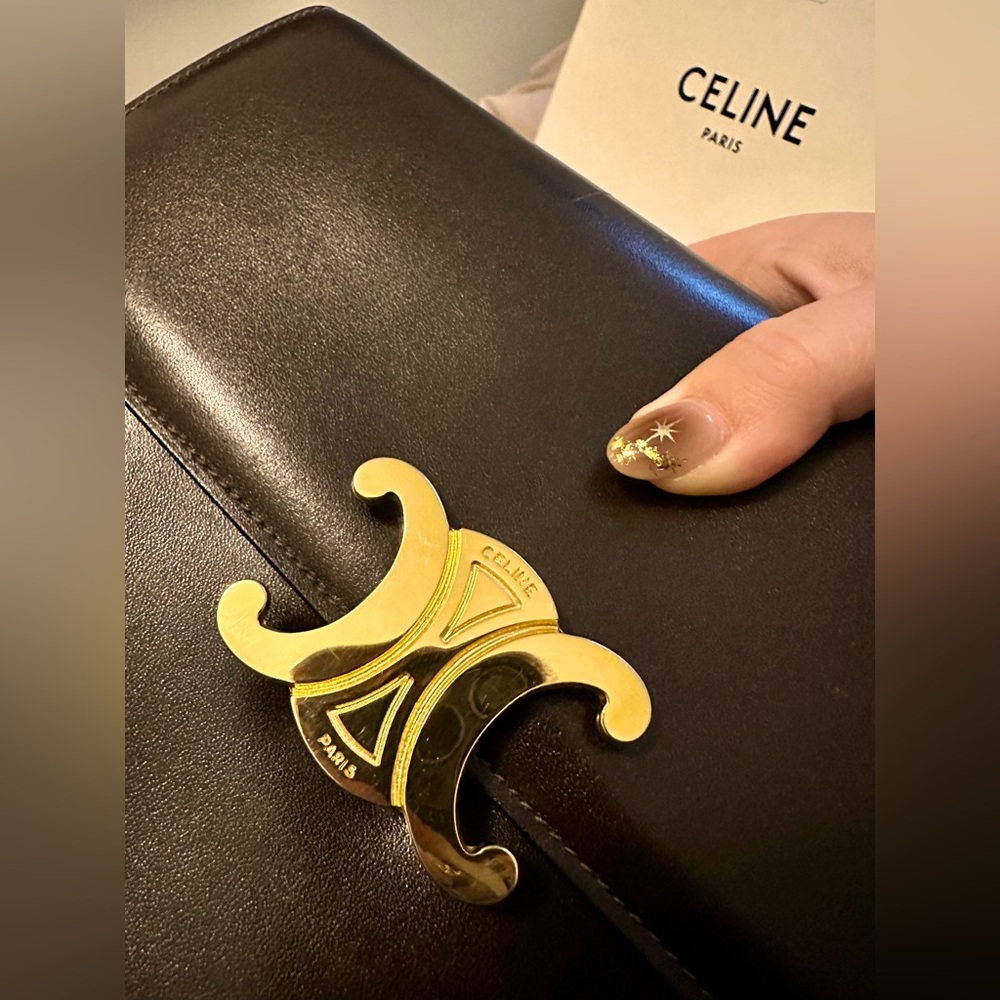 RARE Vintage Celine Triomphe boxcalf shoulder bag - dark brown / chocolate